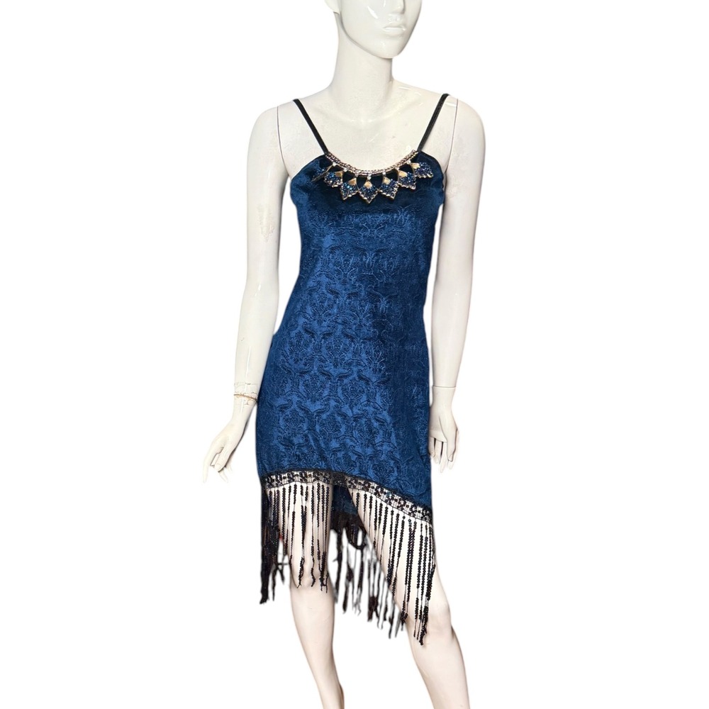 Vintage Y2K Dreamgirl Teal Blue Damask Velvet Sequin Fringe slip Dress Medium
